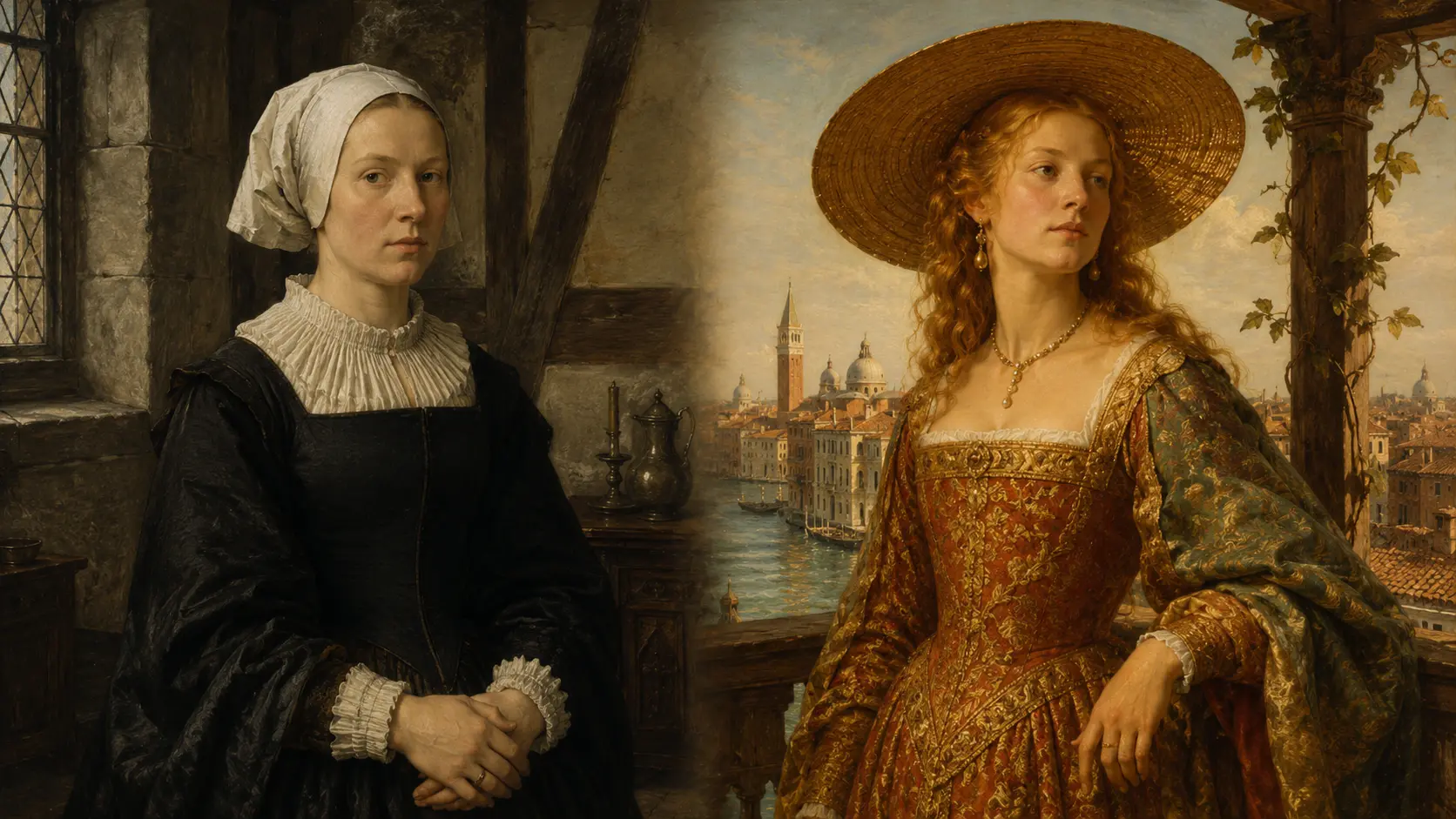 La seduzione del Cinquecento. A Basilea ci si vestiva in abito scuro con colletto di lino e cuffia, A Venezia con un generoso scollo dorato (ricostruzione IA)